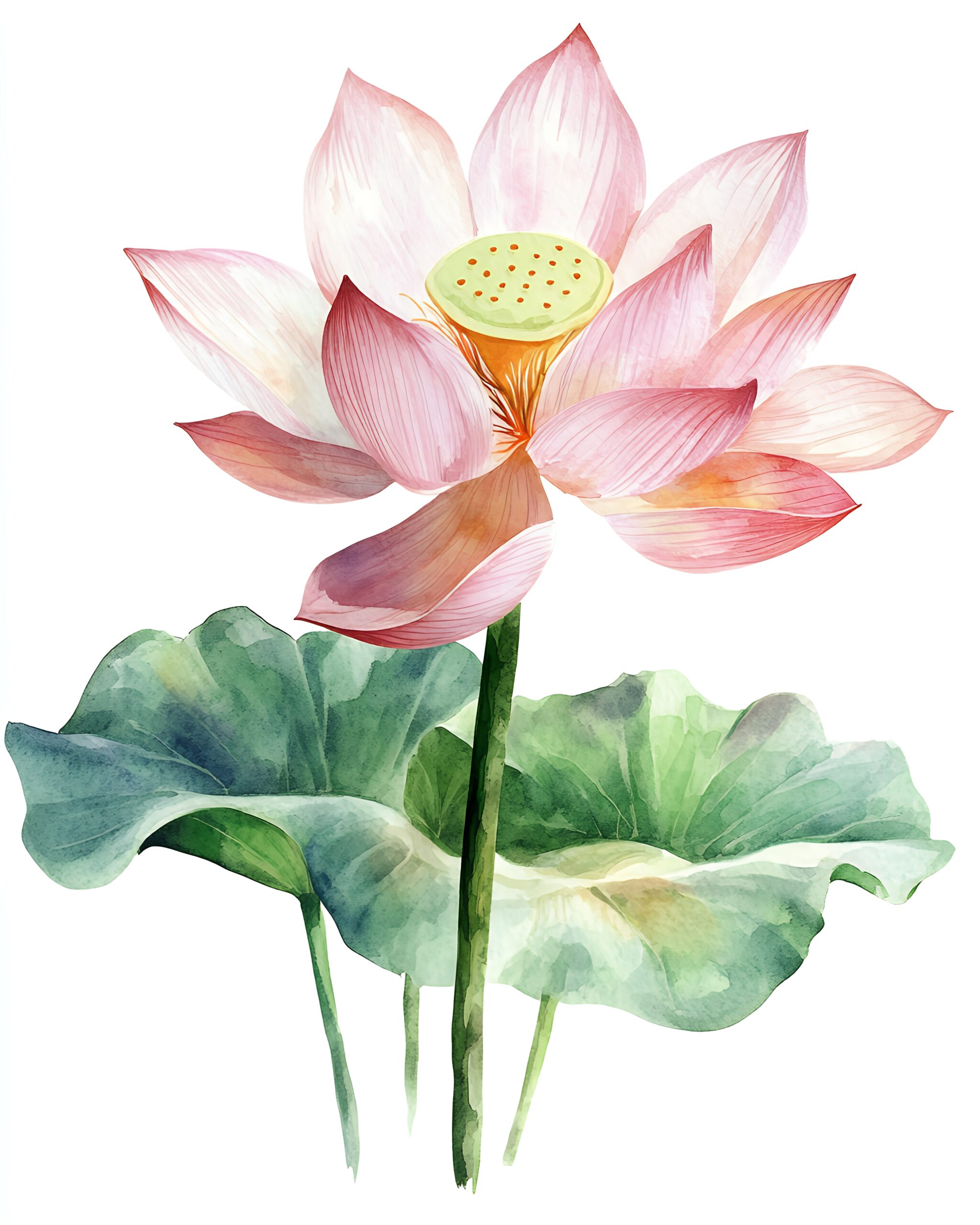 Delicate pink lotus flower with green leaves, watercolor style.